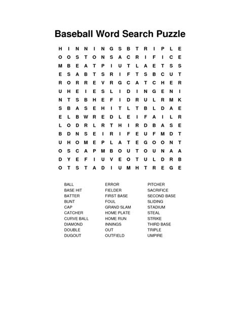 Free Baseball Word Search Activity Shelter