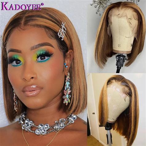Ombre Straight Short Bob Lace Front Wig Honey Blonde Highlight