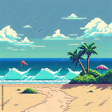 Pixel Art Beach With Palm Trees And Seagenerative Ai Ilustración De