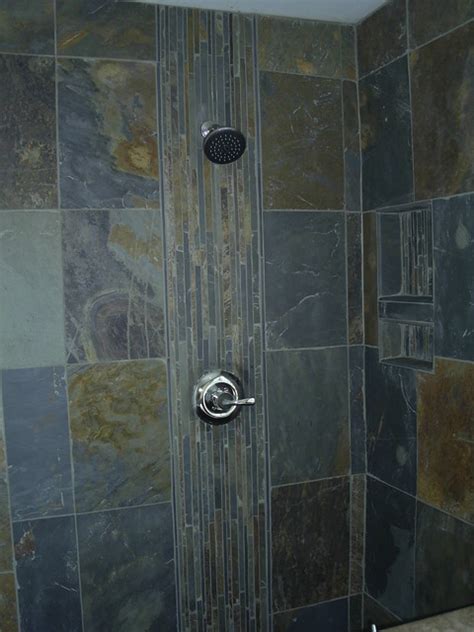 Slate shower - Detroit - by Maloney Tile & Marble, Inc A simple shower idea can totally transform your daily showering experience.