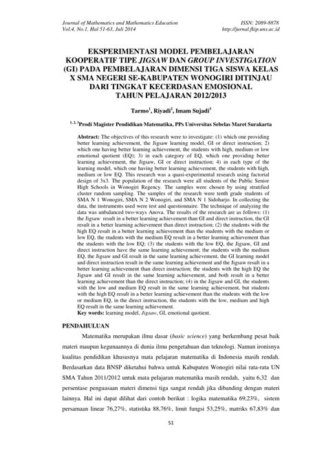 Pdf Eksperimentasi Model Pembelajaran Kooperatif Tipe Jigsaw Dan