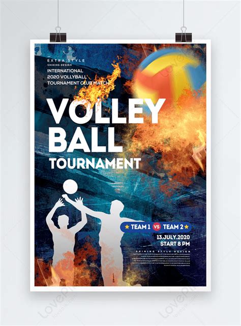 Template Poster Tema Kompetitif Turnamen Bola Voli Efek Api Abstrak