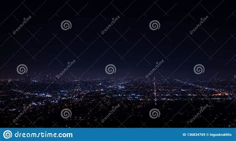 Beautiful Super Wide Angle Night Aerial View Of Los Angeles Editorial