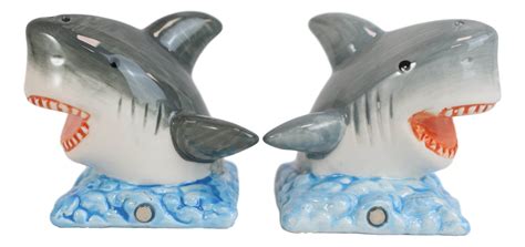 ceramic nautical ocean great white sharks salt and pepper shakers figurine set great white