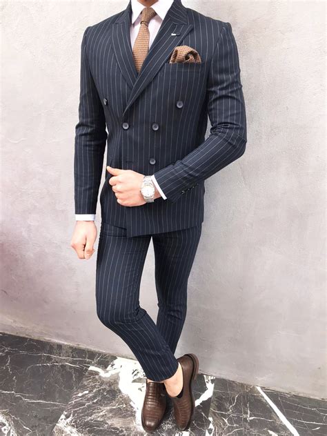 Buy Navy Blue Slim Fit Double Breasted Pinstripe Suit Bespokedailyshop