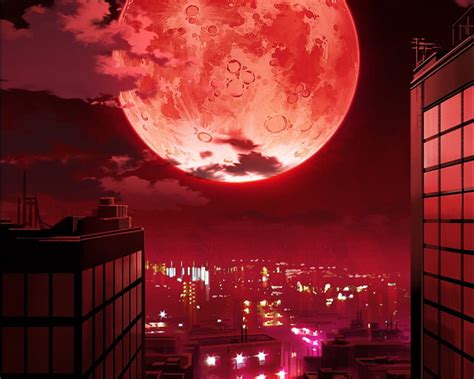 Red Night Red House Scenic Bonito City Moon Anime Beauty