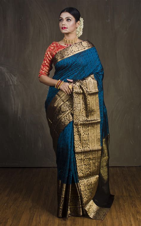 high thread count woven cotton silk kanjivaram saree in blue and gold kanjivaram sarees saree