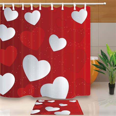Happy Valentines Day White And Red Heart Bathroom Shower Curtain Set
