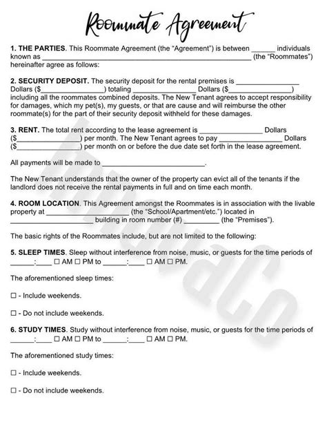 Roommate Agreement Template Roommate Contract Template Etsy Ireland
