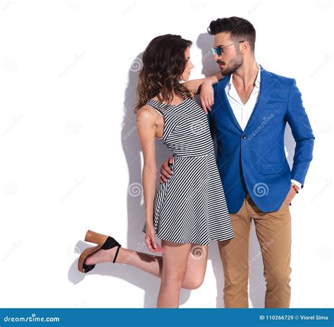 Woman Holding Leg Up Leans On Her Man Stock Image Image Of Beauty