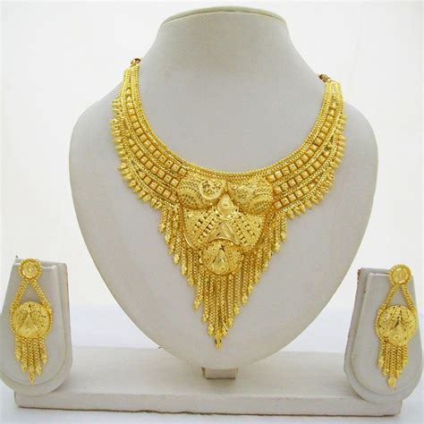 Yellow 22k Gold Plated Choker Necklace Earring Set Indian Women Jewelry