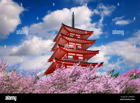 Red Pagoda And Cherry Blossoms In Spring Japan Stock Photo Alamy