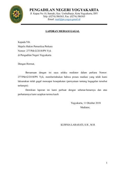 Laporan Mediasi Gagal Plkh Perdata Pengadilan Negeri Yogyakarta Jl