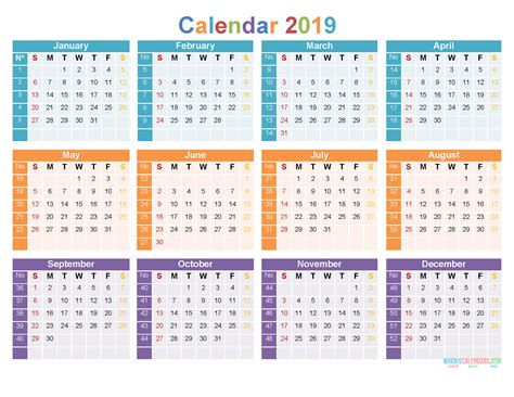 Free Printable 2019 Yearly Calendar