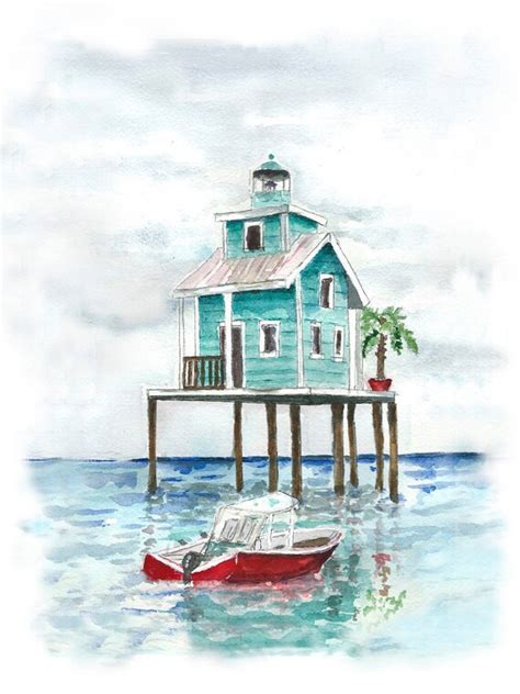 Rustic Beach House Watercolor Painting Beach House Decor