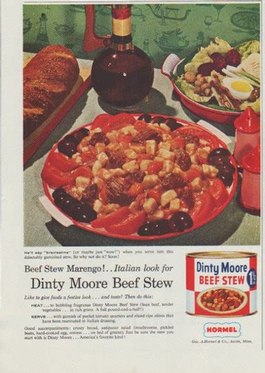 Empty beef stew into saucepan. 1958 Dinty Moore Vintage Ad "Beef Stew Marengo"