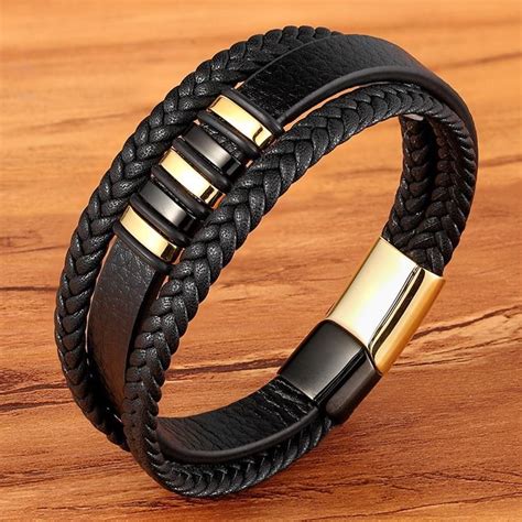 3 Layers Black Gold Punk Style Design Genuine Leather Bracelet For Men