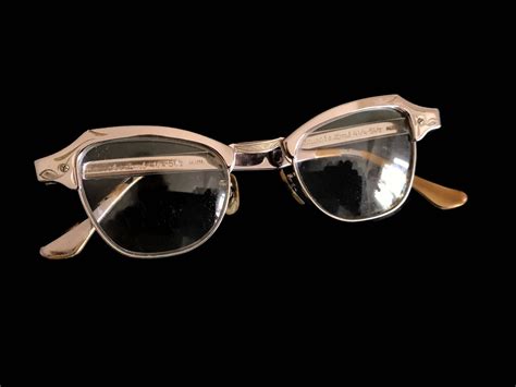 Vintage 50s Eyeglasses Vintage Glasses Silver Engraved Frames 1950s Silver Aluminum Cat Eye Rims