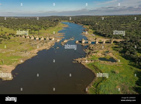 Aerial View Of The Border River Guadiana Between Elvas Portugal And