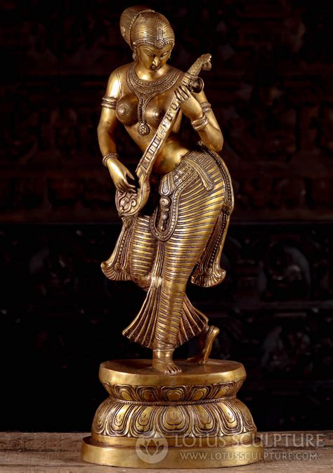 Brass Statue Of The Saraswati The Hindu Goddess Of Wisdom Casually Playing The Veena 36