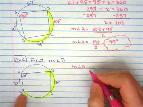 A quadrilateral inscribed in a circle (also called cyclic quadrilateral) is a quadrilateral with four vertices on recall the inscribed angle theorem (the central angle = 2 x inscribed angle). Angles in Inscribed Quadrilaterals-U.12 - YouTube