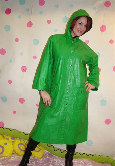 Ready For Rain In Her Green Pvc Mac Shiny Clothes Rain Wear Long