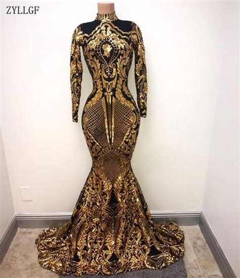 Zyllgf Gold And Black Long Sleeves Mermaid Prom Dresses 2019 Elegant