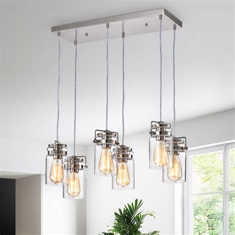 6 Light Brushed Nickel Multi Light Linear Pendant With Glass Jar