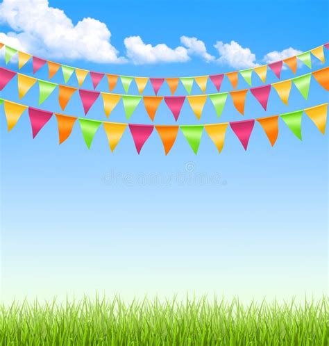 Grass Lawn With Bright Buntings Clouds On Blue Sky Stock Vector