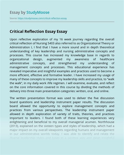 Rather than simply endorsing reflection papers and their potential to dramatically connect course content with students' lives, i want to share an example. Critical Reflection Essay Free Essay Example