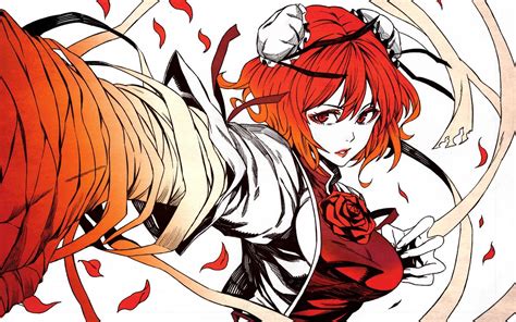 Video Games Touhou Red Flowers Redheads Ribbons Red Eyes Short Hair Flower Petals