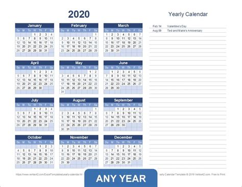 A Blue And White Calendar For The Year 2020 With Dates In Each Month