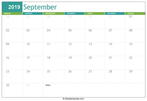 Editable Calendar September 2019