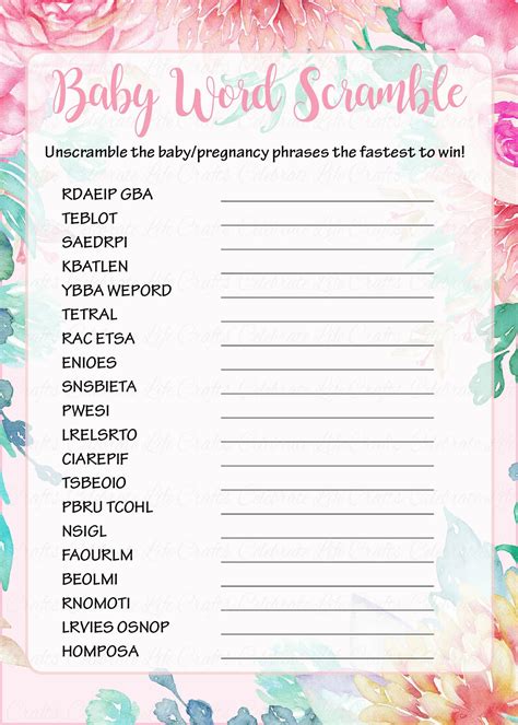 These make fun activities for adults and kids. Word Scramble Baby Shower Game - Spring Baby Shower Theme for Baby Girl - Pink Floral ...
