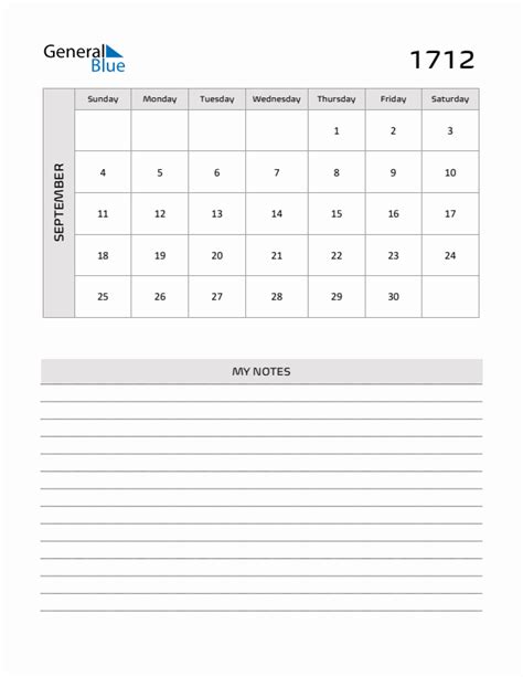 September 1712 Printable Monthly Calendar With Notes