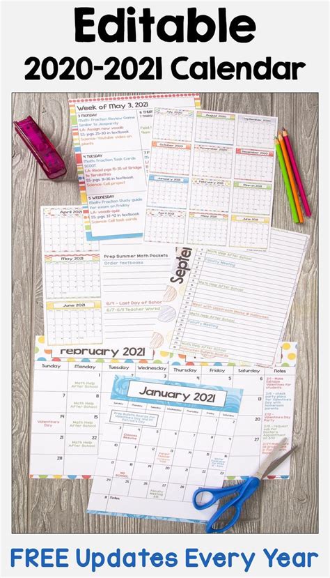 Our calendars are free to be used and republished for personal use. 2020-2021 Calendar Printable and Editable with FREE Updates in Bright Colors in 2020 | 2021 ...