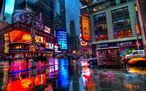 Times Square New York Usa City Cities Neon Lights Night Rain