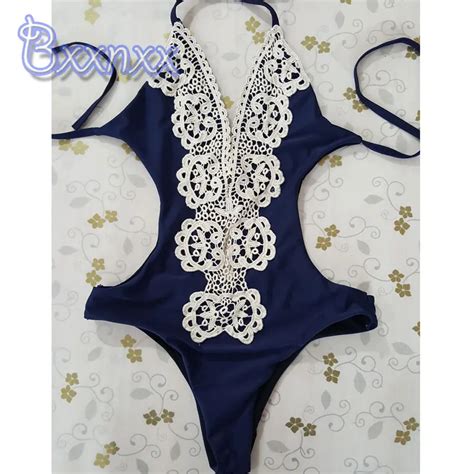 New Sexy Lace Deep V White One Piece Swimsuit Women Vintage White Blue