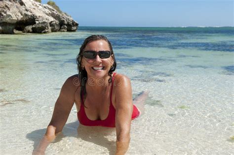 Mature Woman Seductive Pose Tropical Beach Stock Photos Free