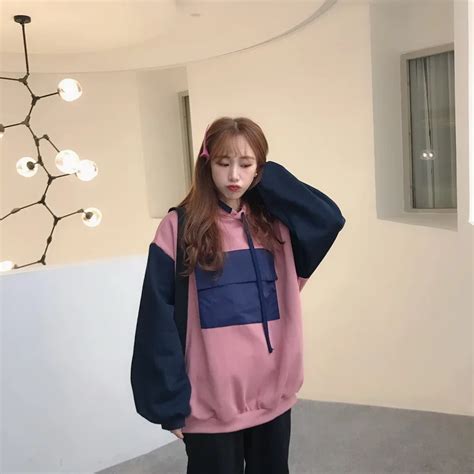 Womens Sweatshirts Japanese Harajuku Ulzzang Casual Stitching Hooded