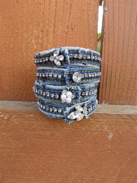 Bracelet Recycled Denim With Vintage Rhinestones Diamonds And Denim