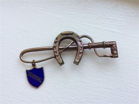 Vintage Equestrianhorse Riding Crop And Horseshoe Brass Tie Pin Brooch