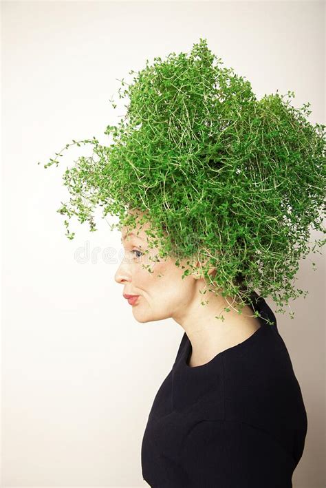 Beauty Spring Woman With Fresh Green Thyme Hair Summer Nature Girl