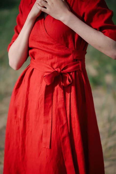 Red Linen Dress For Summer Wear Summer Linen Wrap Dress Mid Etsy