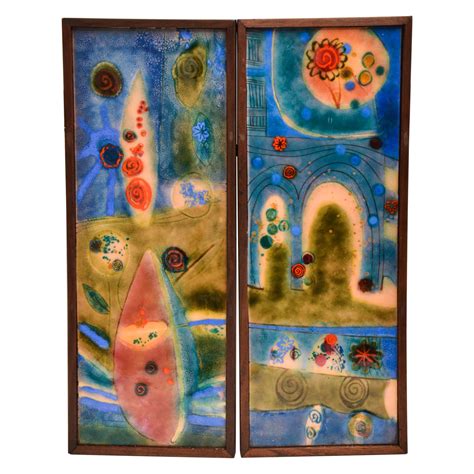 Pair Of Wood Framed Enamel On Copper Wall Art At 1stdibs