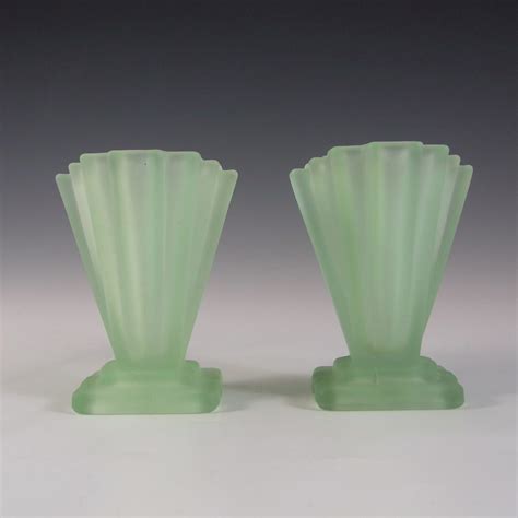 Bagley 334 Pair Of Art Deco 4 Green Glass Grantham Vases £66 5020th Century Glass Antique