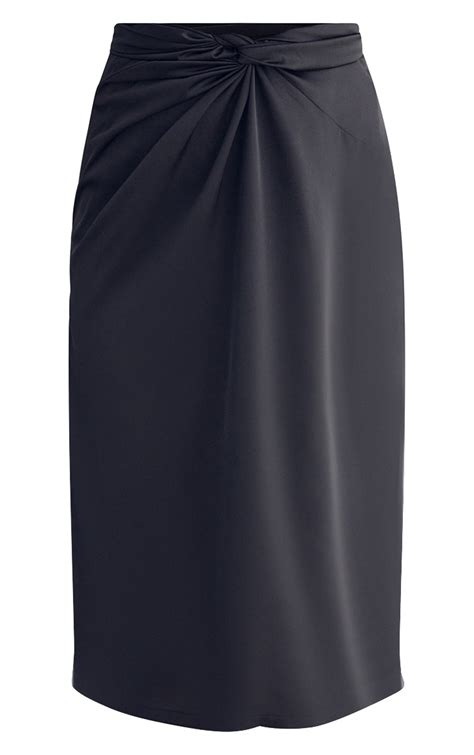 Plus Black Satin Knot Front Midi Skirt Prettylittlething Usa