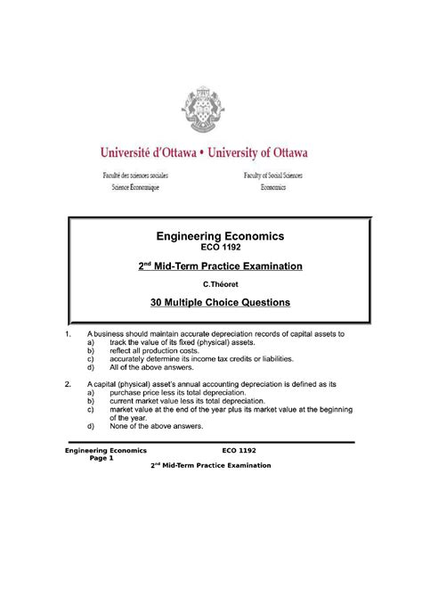 University Of Ottawa Eco 1192 Engineering Economics Eco1192 Midterm