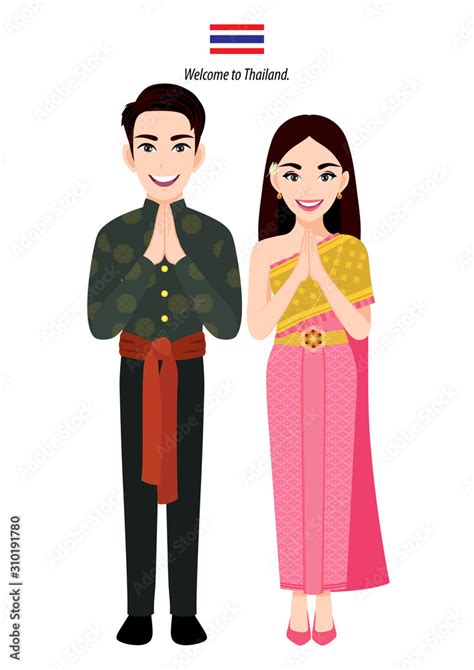 Male And Female In Traditional Costume Thai Greeting Sawasdee And
