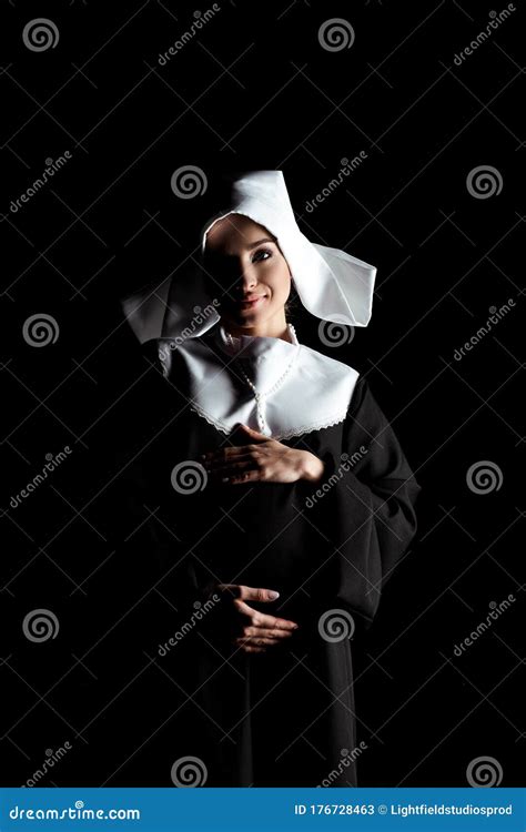 Young Happy Pregnant Nun Touching Tummy Stock Image Image Of
